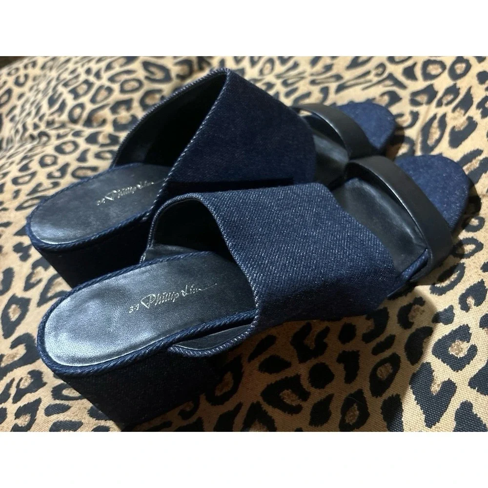 3.1 Phillip Lim Denim & Black Leather Double Strap Cube Sandals,‎ Size 8.5/39